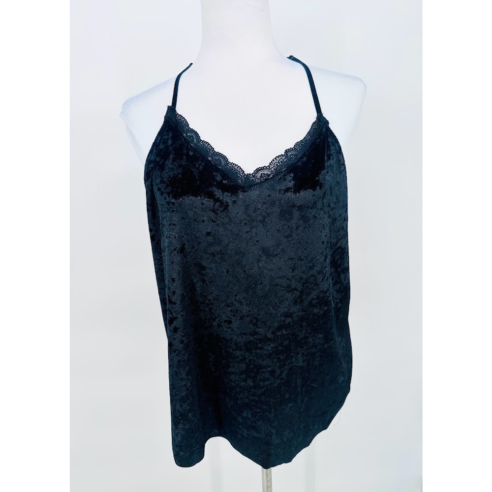Womens XL Black Velvet Lace Trim Cami Tank Top Fairy Whimsigoth Racerback Y2K